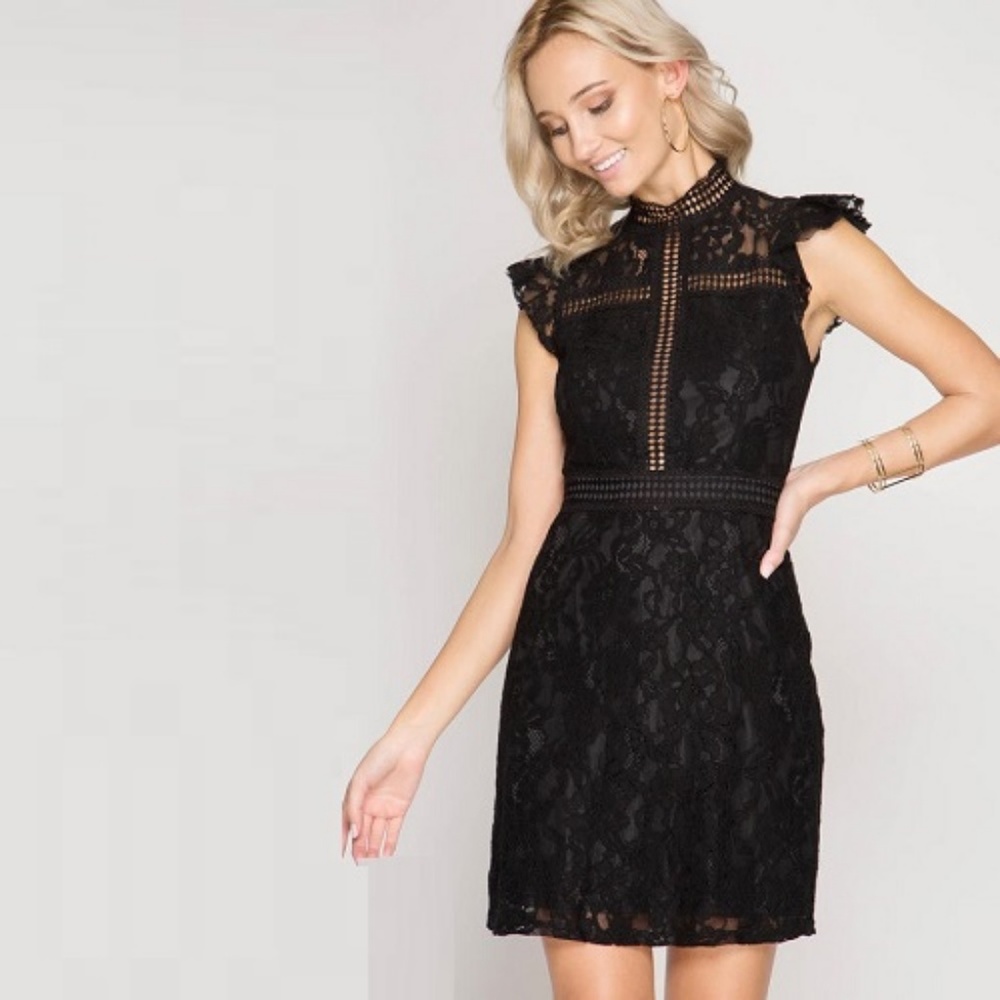 Black Floral Lace Ruffled Sleeve Floral Dress - Picture 1 of 8